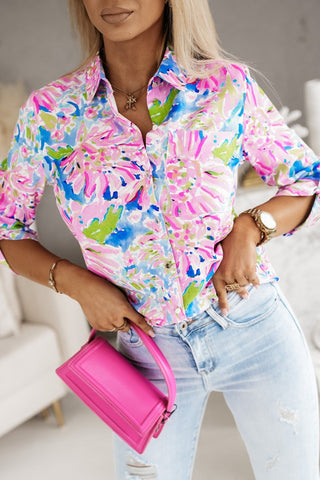 Abstract Floral Button Up Blouse - Pink