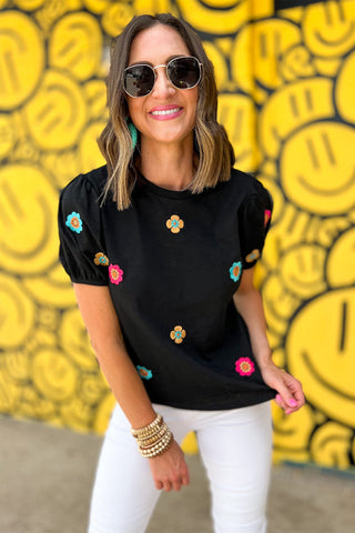 Daisy Pop Embroidered Top - Black