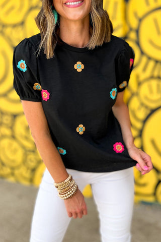 Daisy Pop Embroidered Top - Black - Ships Tuesday
