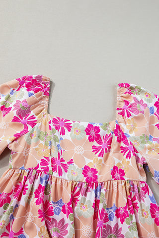 Retro  Florals Puff Sleeve Dress - Bright