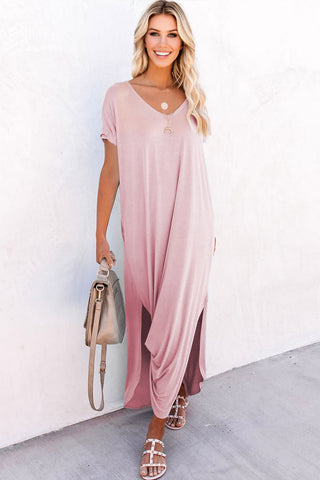 Long Sleeve Solid Maxi Dress with Pockets - Pink