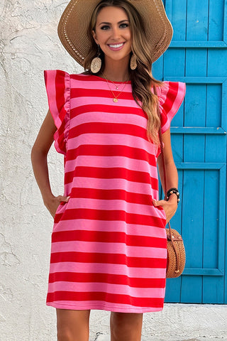 Ruffle Sleeve Striped Dress - Pink and Red
