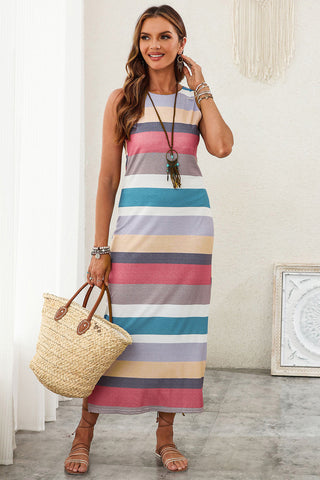 Sleeveless Maxi Dress - Pastel Stripes