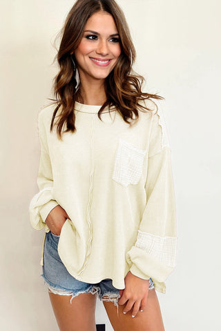 Bubble Sleeve Waffle Knit Top - White