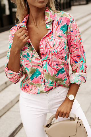 Abstract Floral Button Up Blouse - Green