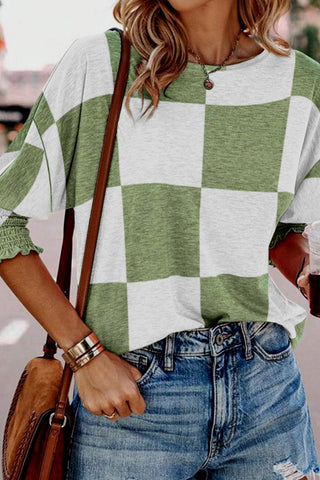 Half Sleeve Heather Green Top - Checkered Green