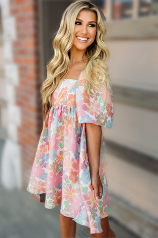 Retro  Florals Puff Sleeve Dress - Pastel