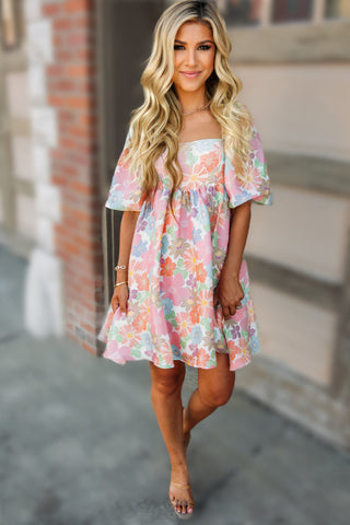 Retro  Florals Puff Sleeve Dress - Pastel