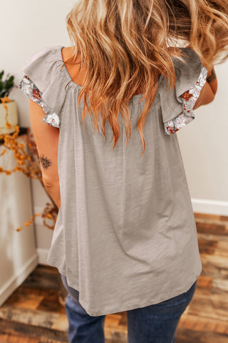 Vintage Floral Ruffle Sleeve Top - Gray