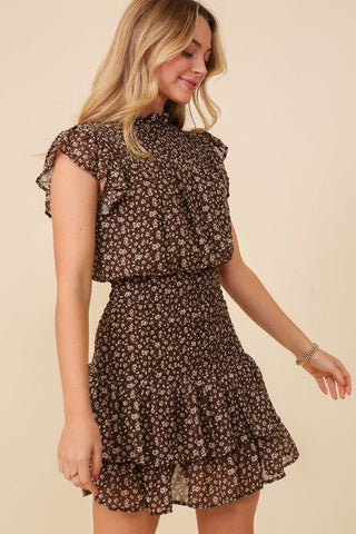 Smocked Floral Dress - Brown