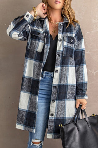 Shirt Collar Plaid Jacket - Blue