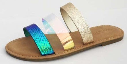 Triple Strap Colorful Summer Sandals - Blue, Gold, and Clear