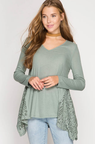 Lace Detail Ribbed Top - Slate Green