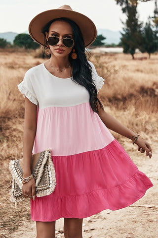 Color Block Ruffle Dress - Pink