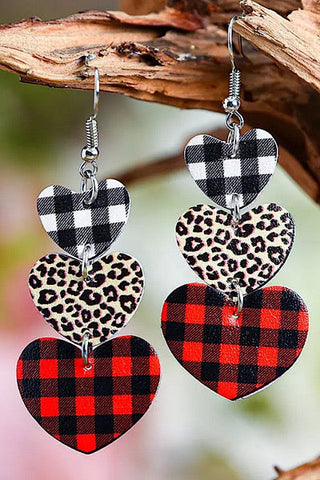 Three Heart Plaid and Leopard Leather Earrings- Free Gift with Every $50 spent