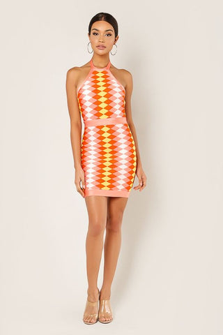 Halter Geometric Print Dress - Orange