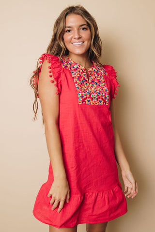 Embroidered Shift Dress with Pom Poms - Red