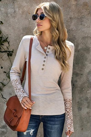 Crochet Sleeve Henley Top - Beige