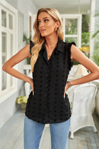 Swiss Dot Sleeveless Button Up Top - Black