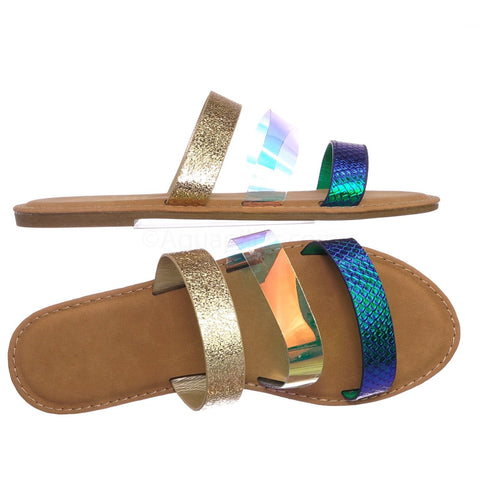 Triple Strap Colorful Summer Sandals - Blue, Gold, and Clear