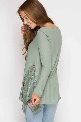 Lace Detail Ribbed Top - Slate Green