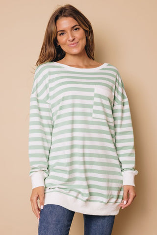 Striped Oversized Tunic with Pockets - Green