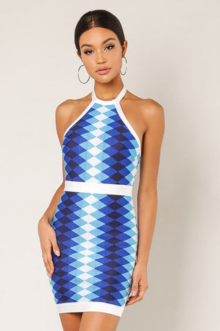 Halter Geometric Print Dress - Blue