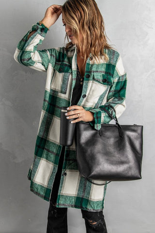 Shirt Collar Plaid Jacket - Green