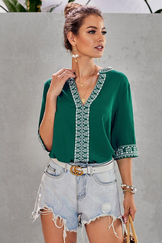 V-Neck Half Sleeve Top - Green