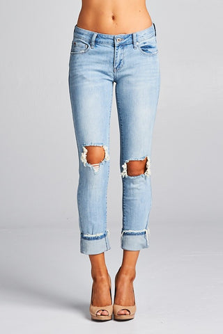 Distressed Light Wash Rolled Jeans
