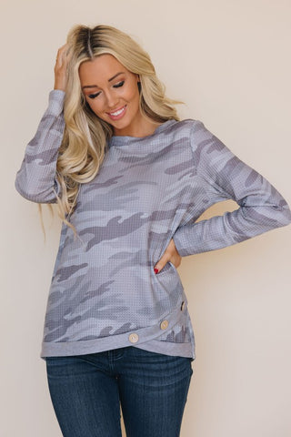 Button Detail Camo Top