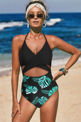 Cross Wrap One Piece Swimsuit - Green and Black