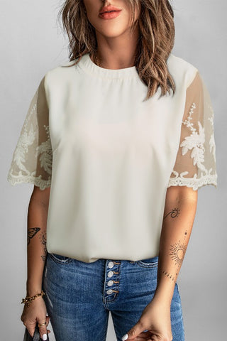 Lace Sleeve Short Sleeve Top - White