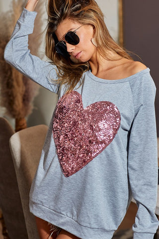 Sequined Heart Top - Gray and Pink