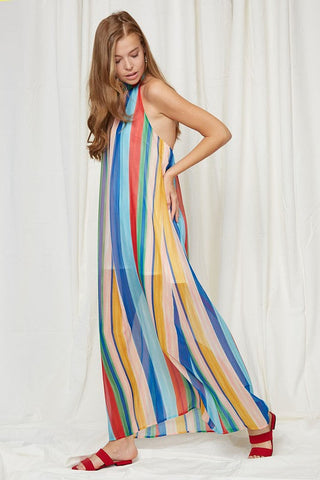 Rainbow Stripes Halter Maxi Dress by Peach Love