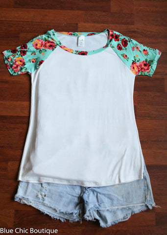 Floral Sleeve Top - Ivory and Mint - Blue Chic Boutique
 - 1