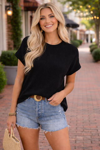 Textured Crew Neck Top - Black