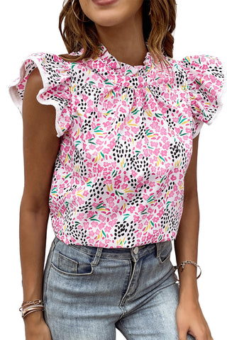 Ditzy Print Ruffle Sleeve Top - Pink