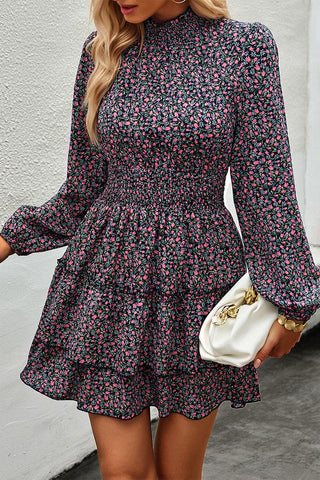 Spring Floral Long Sleeve Dress - Black