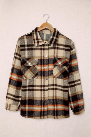 Flannel Plaid Shacket with Pockets - Orange