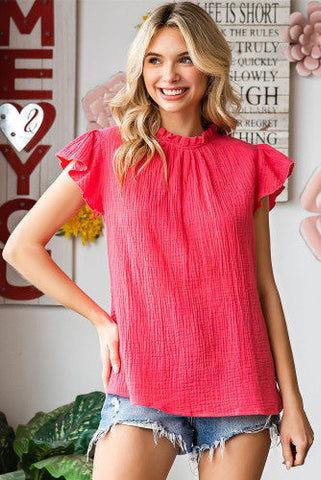 Crinkle Fabric Flutter Sleeve Top - Pink