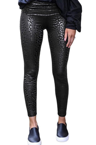 Leopard Print Pleather Leggings - Black