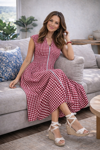 Checkered Cinched Waist Dress - Red