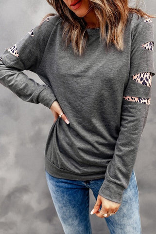 Leopard Crew Neck Sweatshirt - Gray