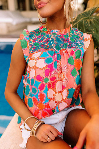 Retro Daisy Embroidered Sleeveless Top - Aqua