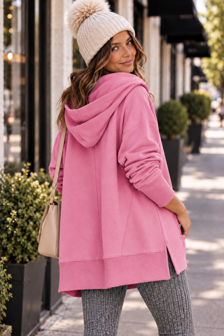 Henley Style Fall Hoodie - Hot Pink