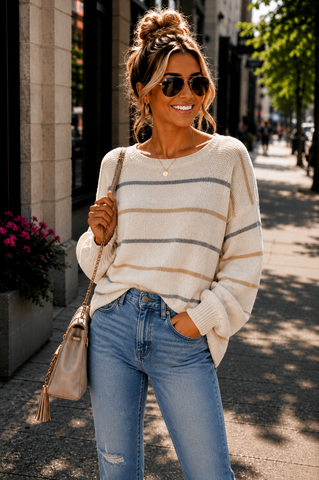 Simple Striped Sweater - Cream