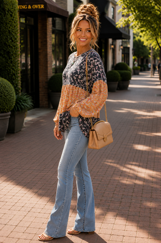 Boho Blossom Top - Navy and Orange