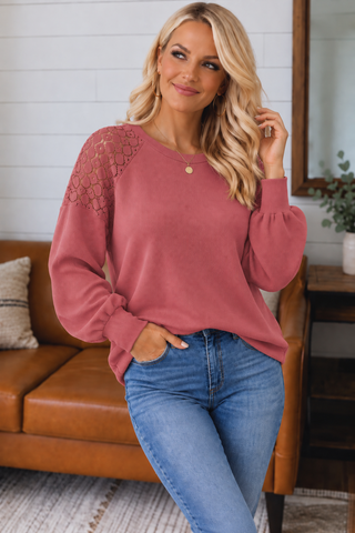 Lace Shoulder Thermal Top - Rose