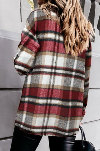 Flannel Plaid Shacket with Pockets - Red